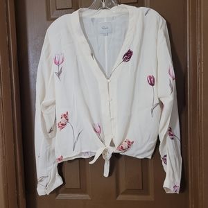 Rails cream floral loose fit tie front long sleeve blouse